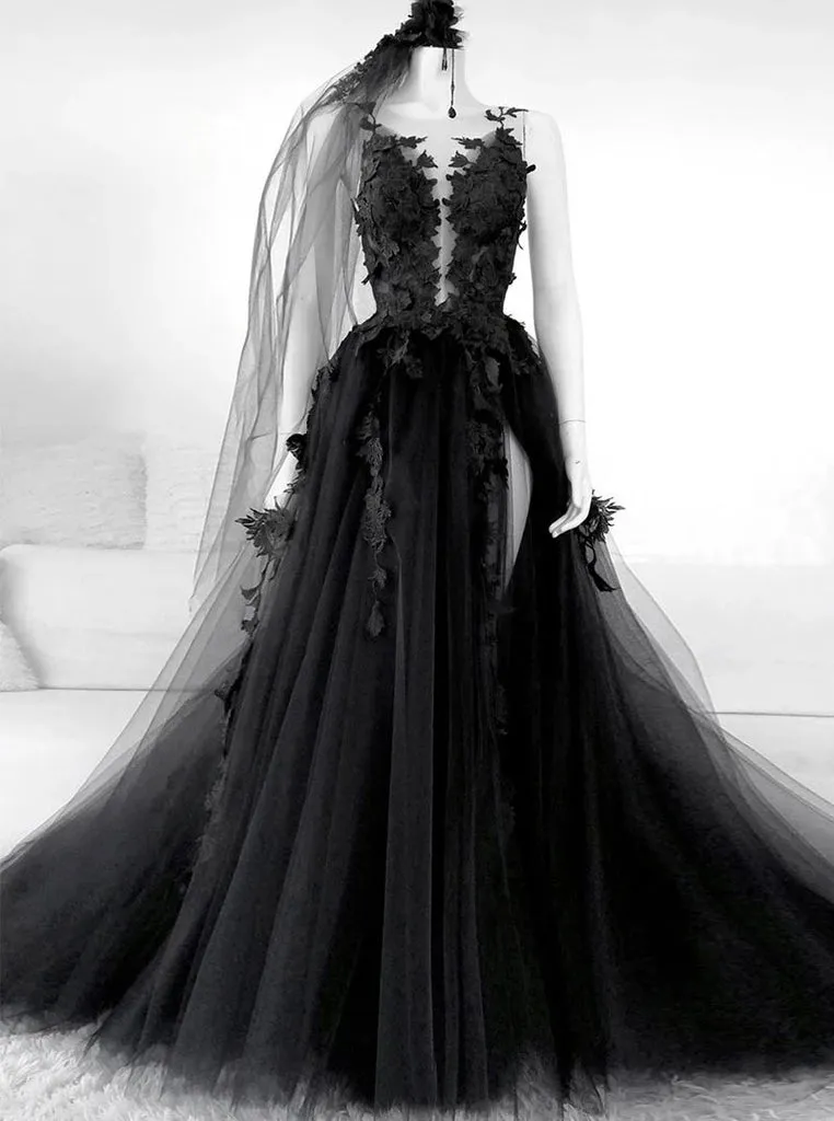 A-line Black Tulle Appliqued Wedding Dresses Backless Bridal Gowns