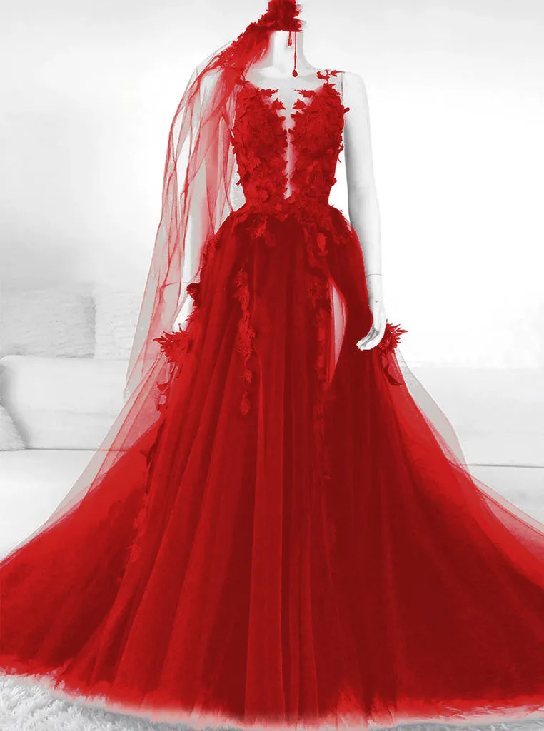 A-line Black Tulle Appliqued Wedding Dresses Backless Bridal Gowns