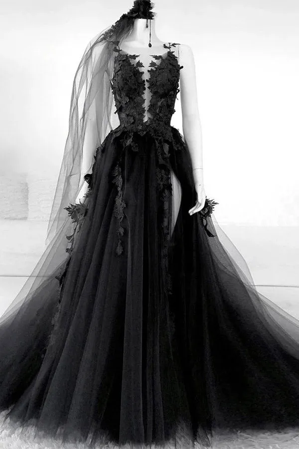 A-line Black Tulle Appliqued Wedding Dresses Backless Bridal Gowns