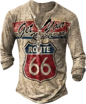 Akivide Retro V-Neck Button Henley Shirts for Men Route 66 Vintage Motorcycle Print Long Sleeve Lightweight Henley T Shirts