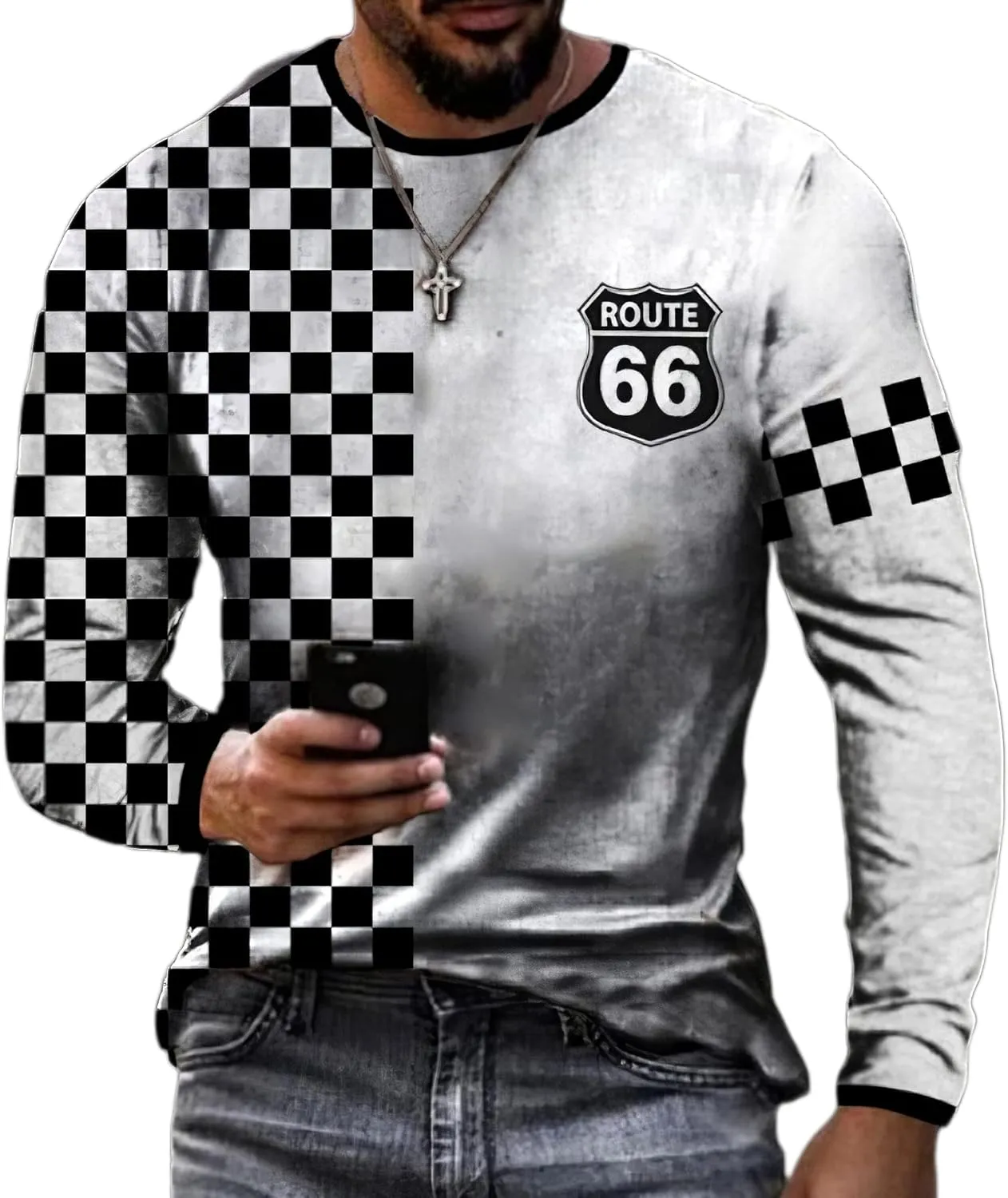Akivide Retro V-Neck Button Henley Shirts for Men Route 66 Vintage Motorcycle Print Long Sleeve Lightweight Henley T Shirts