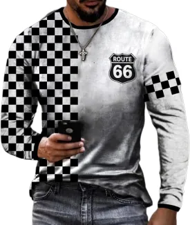 Akivide Retro V-Neck Button Henley Shirts for Men Route 66 Vintage Motorcycle Print Long Sleeve Lightweight Henley T Shirts