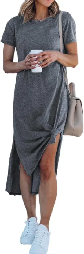 Alaster Womens Casual T-Shirt Midi Dress 2025 Short Sleeve Summer High Splits Dress with Pocket High Low Solid Midi Dress