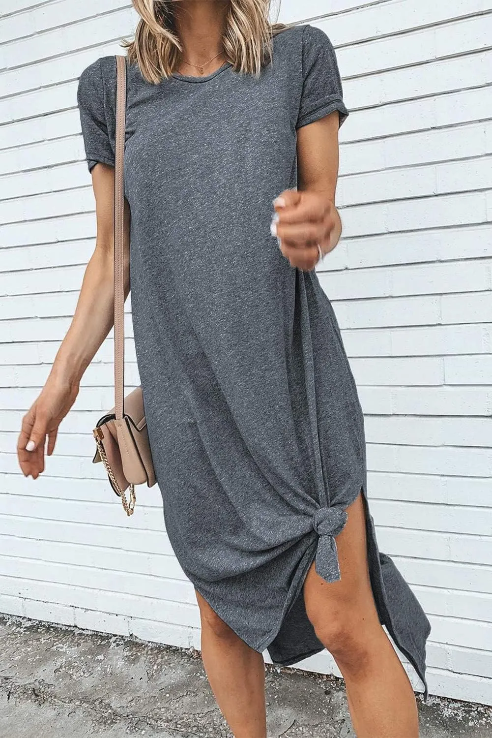 Alaster Womens Casual T-Shirt Midi Dress 2025 Short Sleeve Summer High Splits Dress with Pocket High Low Solid Midi Dress