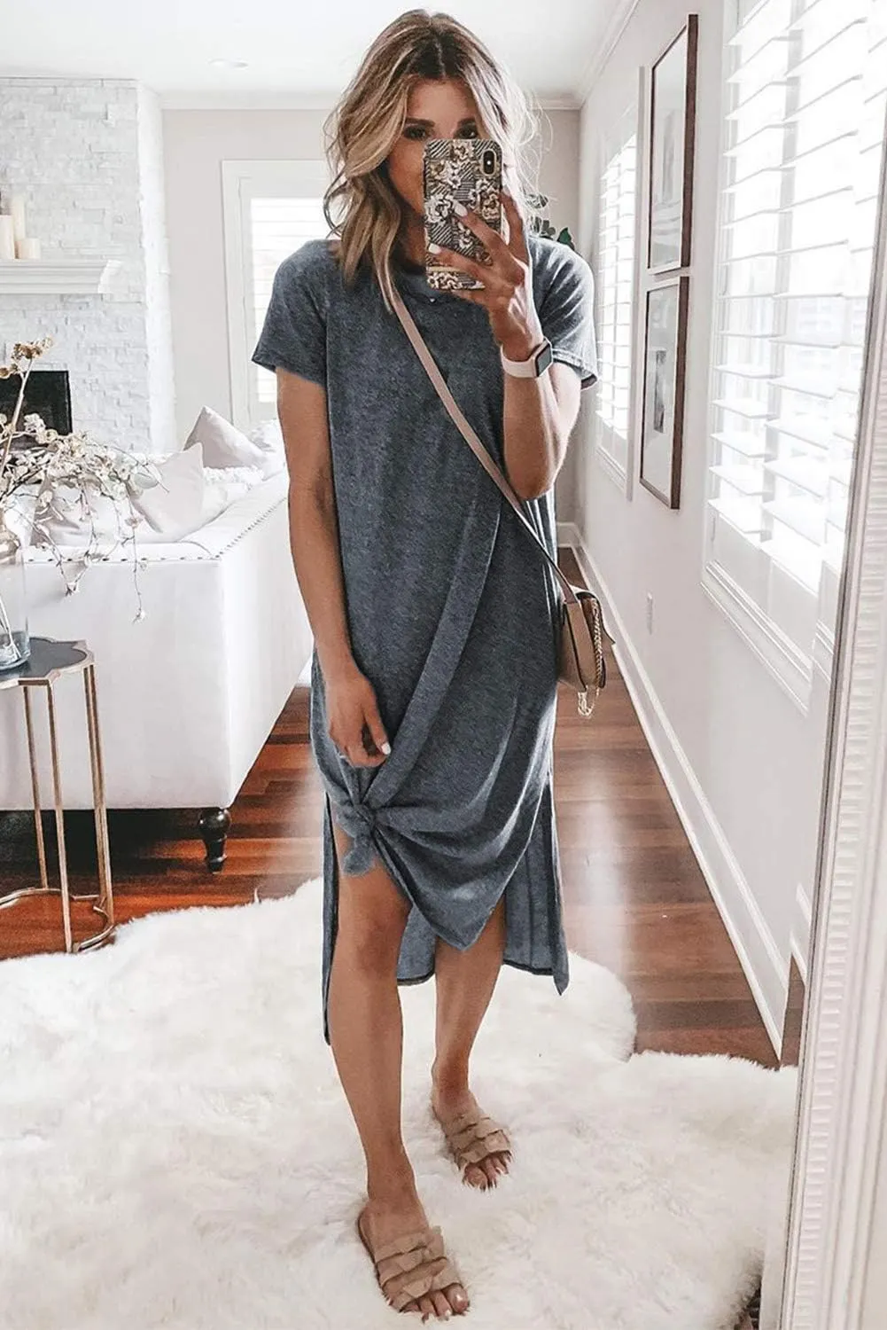 Alaster Womens Casual T-Shirt Midi Dress 2025 Short Sleeve Summer High Splits Dress with Pocket High Low Solid Midi Dress