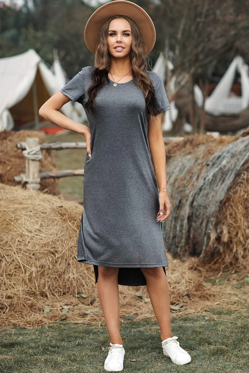 Alaster Womens Casual T-Shirt Midi Dress 2025 Short Sleeve Summer High Splits Dress with Pocket High Low Solid Midi Dress