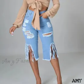 Amy Fashion - 2024 Elastic Tassle Flare Knee Length Denim Pants Women Sexy Fashion High Waist Hole Ripped High Street Trousers Jean