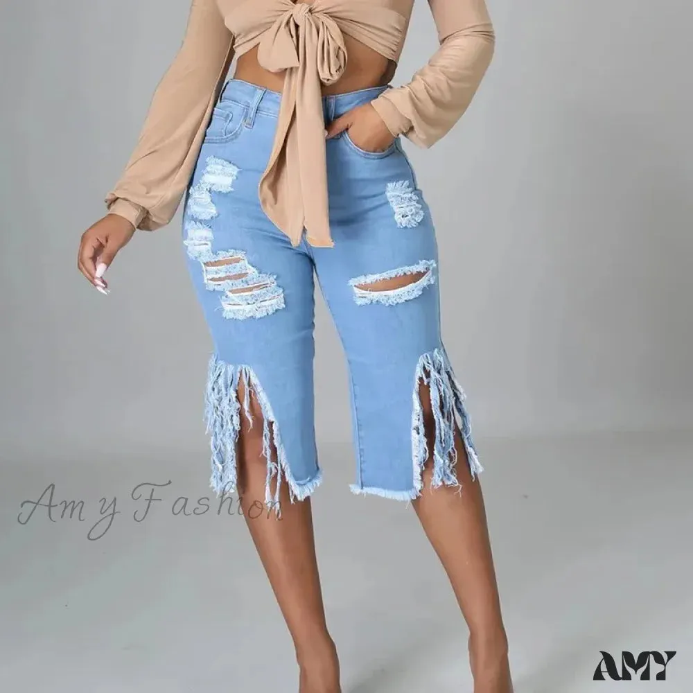 Amy Fashion - 2024 Elastic Tassle Flare Knee Length Denim Pants Women Sexy Fashion High Waist Hole Ripped High Street Trousers Jean