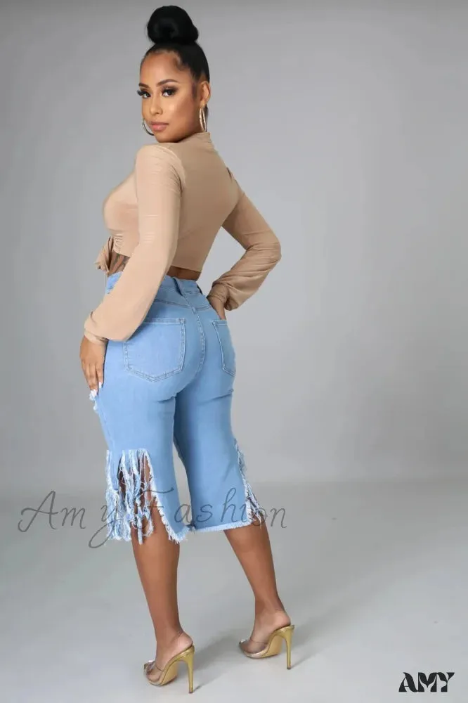 Amy Fashion - 2024 Elastic Tassle Flare Knee Length Denim Pants Women Sexy Fashion High Waist Hole Ripped High Street Trousers Jean