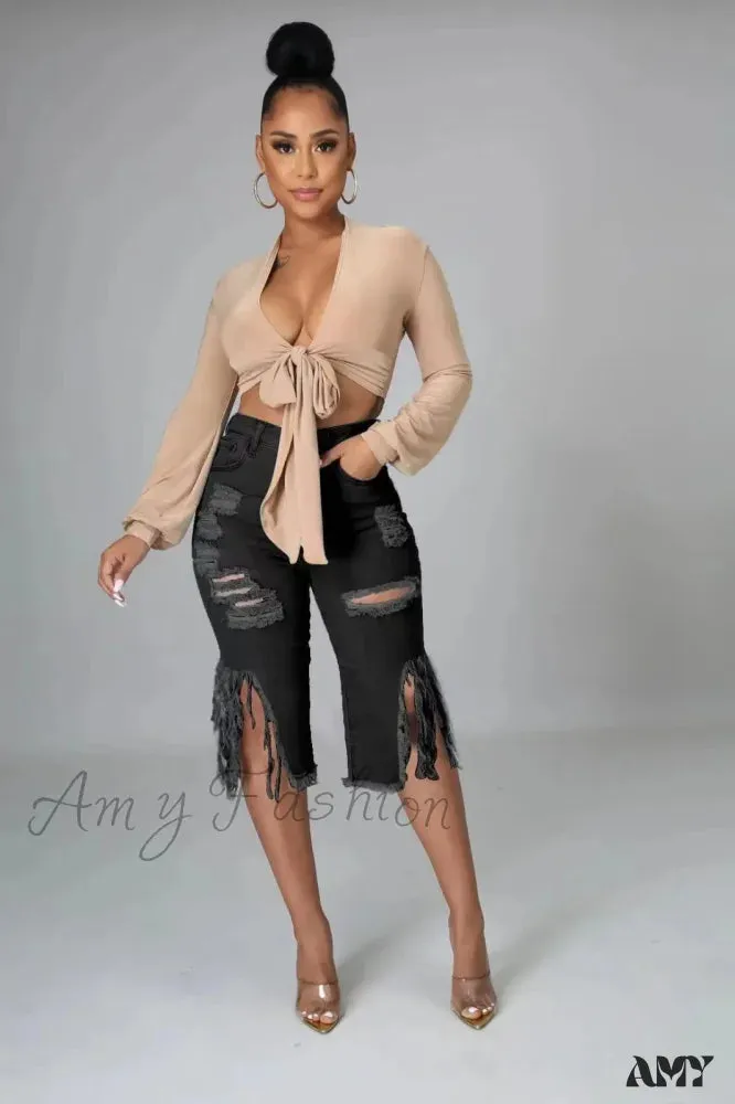 Amy Fashion - 2024 Elastic Tassle Flare Knee Length Denim Pants Women Sexy Fashion High Waist Hole Ripped High Street Trousers Jean