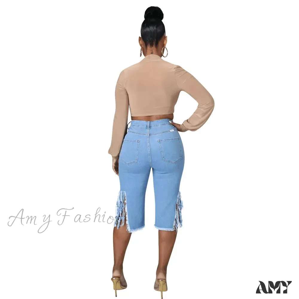 Amy Fashion - 2024 Elastic Tassle Flare Knee Length Denim Pants Women Sexy Fashion High Waist Hole Ripped High Street Trousers Jean