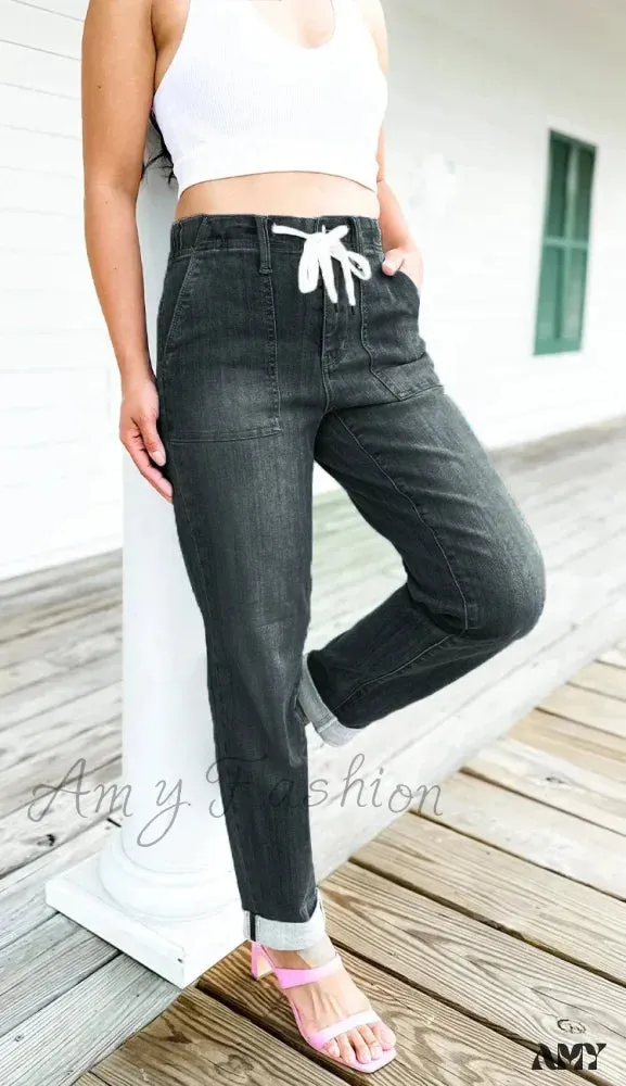 Amy Fashion - Elastic Skinny Pencil Casual Denim Drawstring High Waist Women's Fashionable Jean