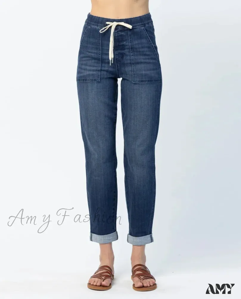 Amy Fashion - Elastic Skinny Pencil Casual Denim Drawstring High Waist Women's Fashionable Jean