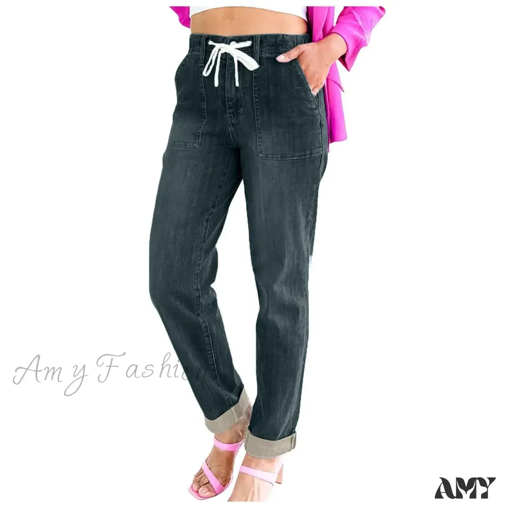 Amy Fashion - Elastic Skinny Pencil Casual Denim Drawstring High Waist Women's Fashionable Jean