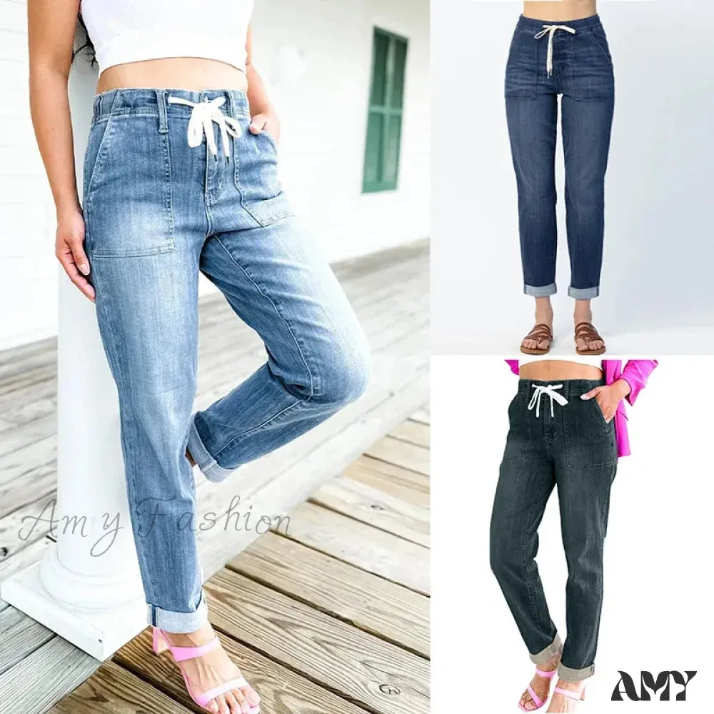 Amy Fashion - Elastic Skinny Pencil Casual Denim Drawstring High Waist Women's Fashionable Jean