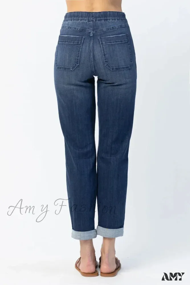 Amy Fashion - Elastic Skinny Pencil Casual Denim Drawstring High Waist Women's Fashionable Jean