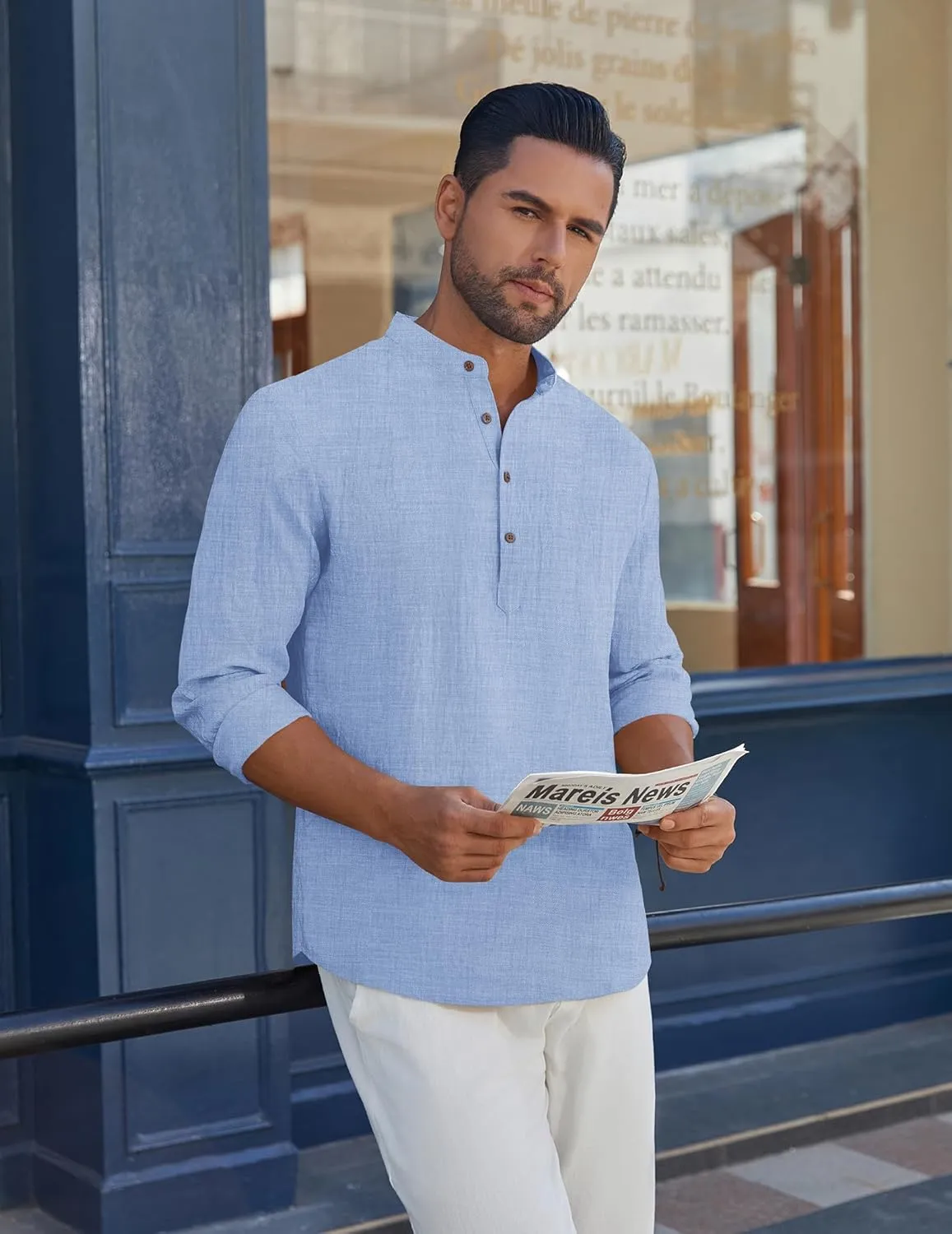 COOFANDY Men's Casual Henley Shirt Long Sleeve Band Collar Shirts Summer Beach Hippie Button T-Shirts