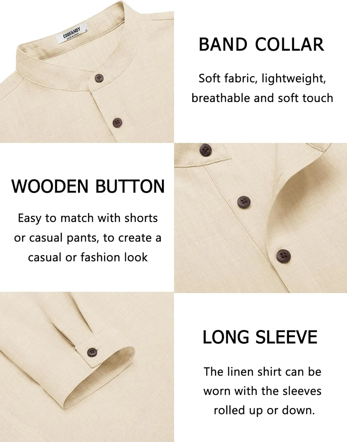 COOFANDY Men's Casual Henley Shirt Long Sleeve Band Collar Shirts Summer Beach Hippie Button T-Shirts