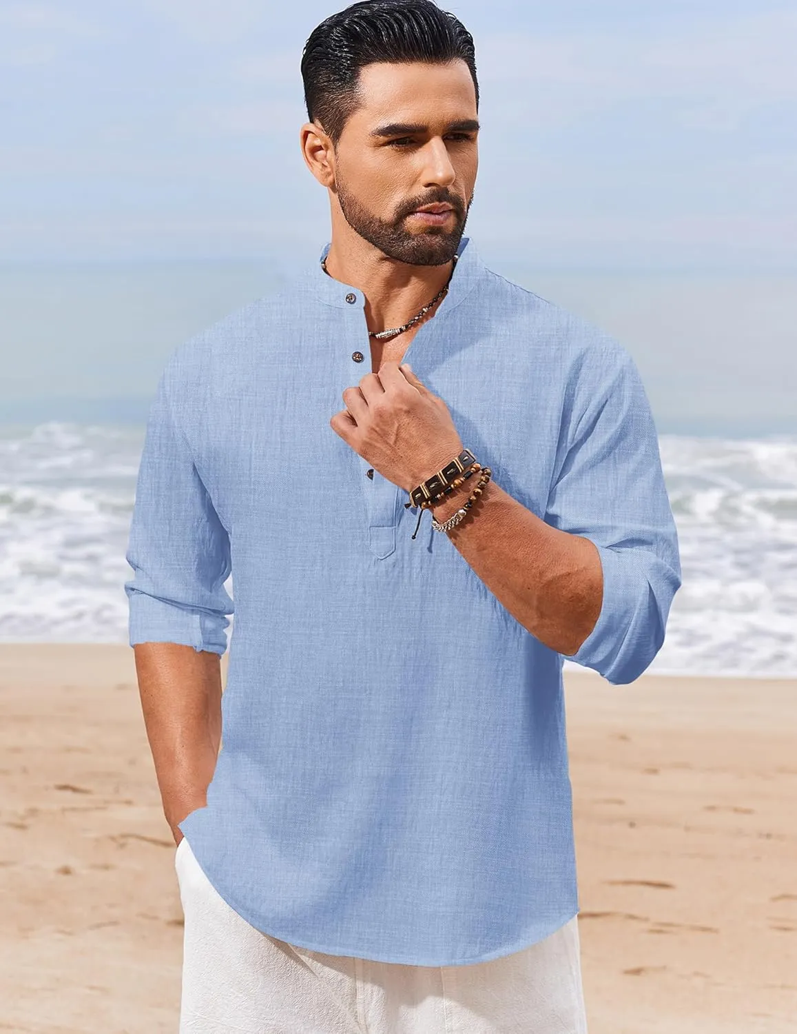 COOFANDY Men's Casual Henley Shirt Long Sleeve Band Collar Shirts Summer Beach Hippie Button T-Shirts