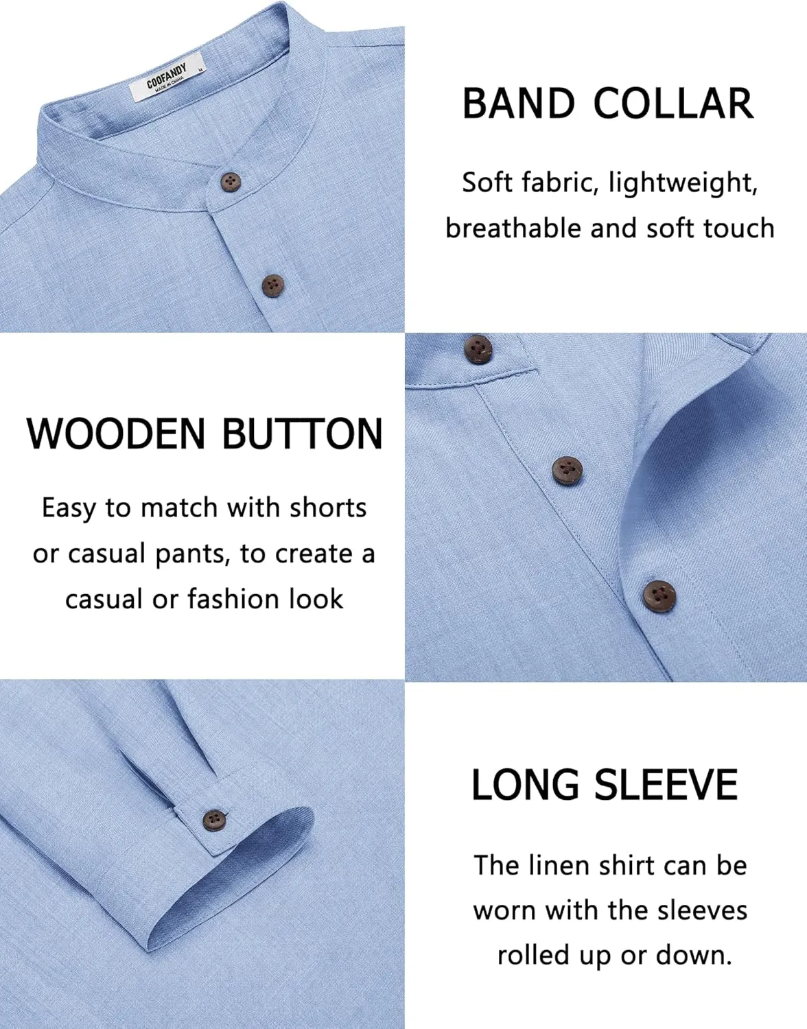 COOFANDY Men's Casual Henley Shirt Long Sleeve Band Collar Shirts Summer Beach Hippie Button T-Shirts