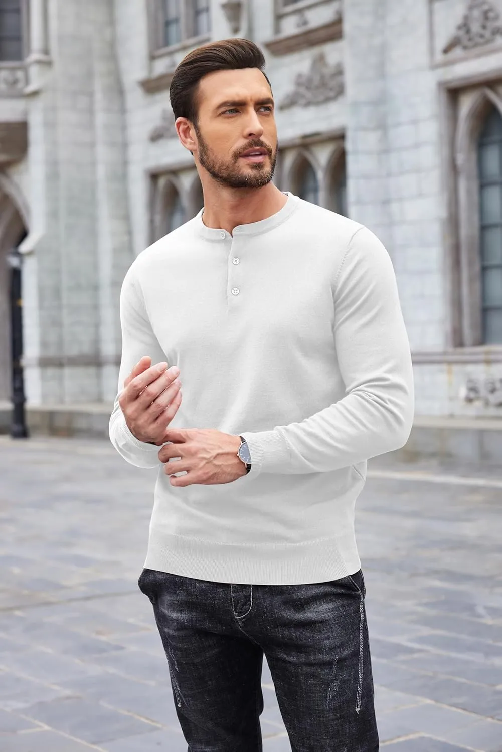 COOFANDY Men's Knit Henley Shirts Dress Long Sleeve Sweater Casual Collarless Quarter Button Pullover