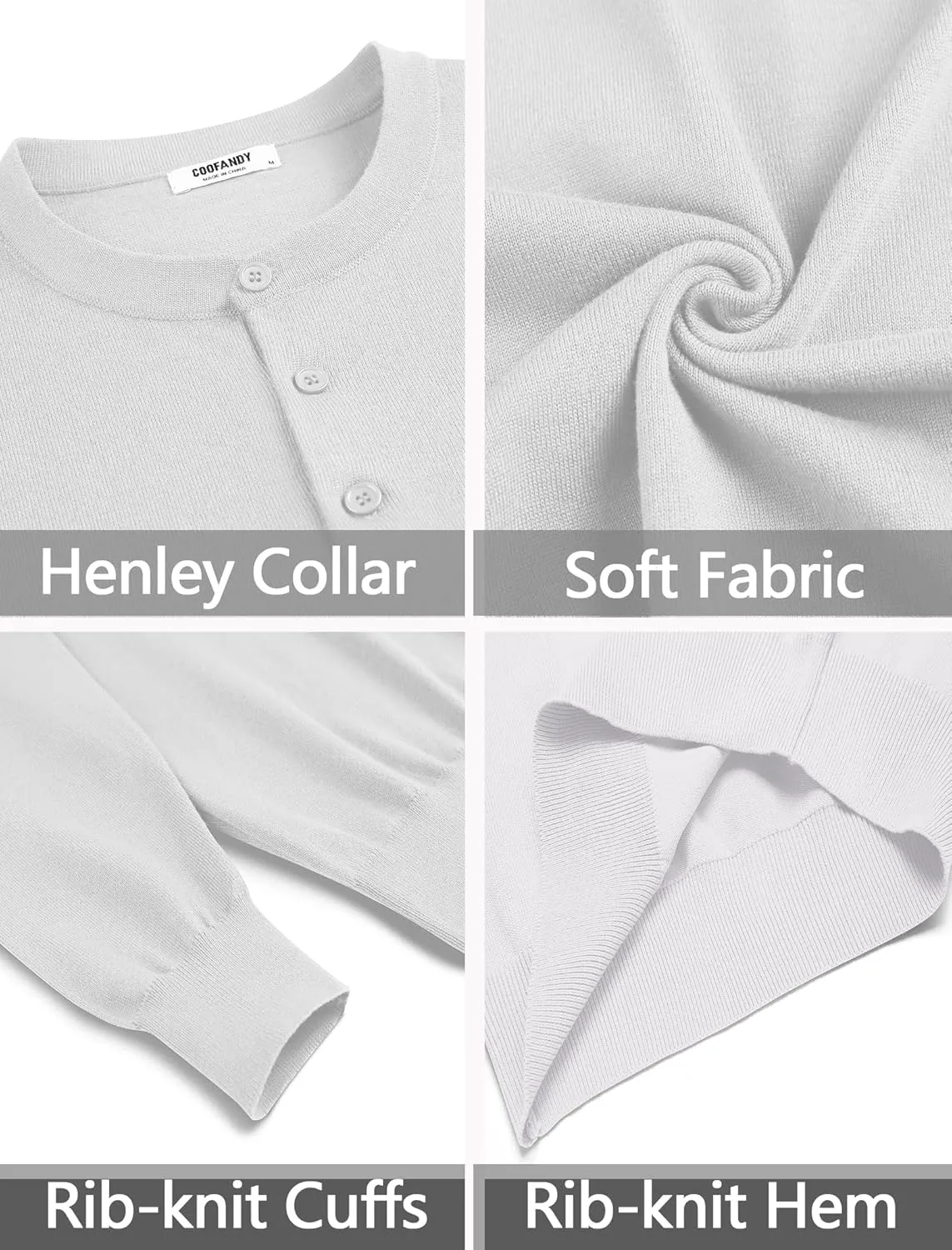 COOFANDY Men's Knit Henley Shirts Dress Long Sleeve Sweater Casual Collarless Quarter Button Pullover