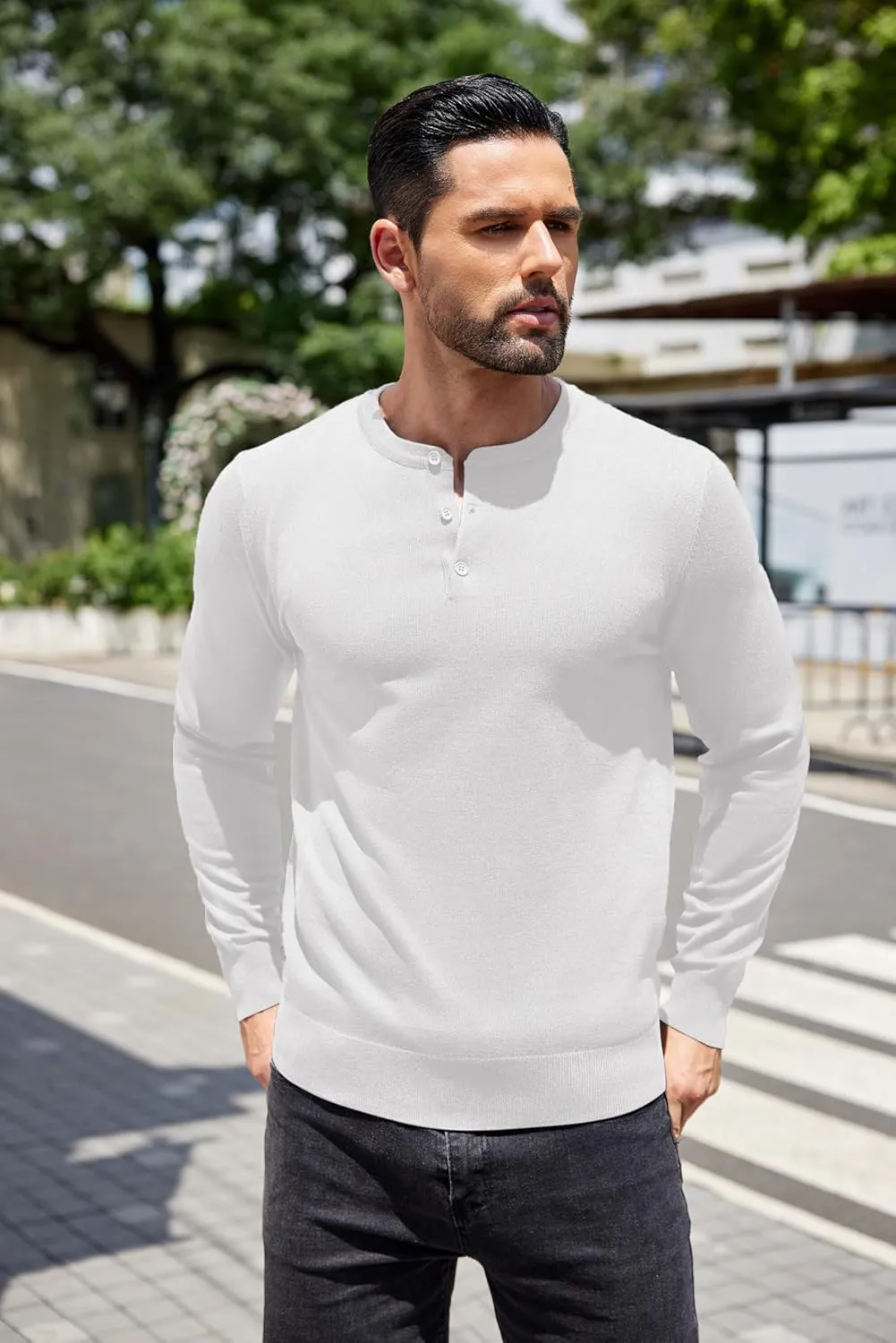 COOFANDY Men's Knit Henley Shirts Dress Long Sleeve Sweater Casual Collarless Quarter Button Pullover