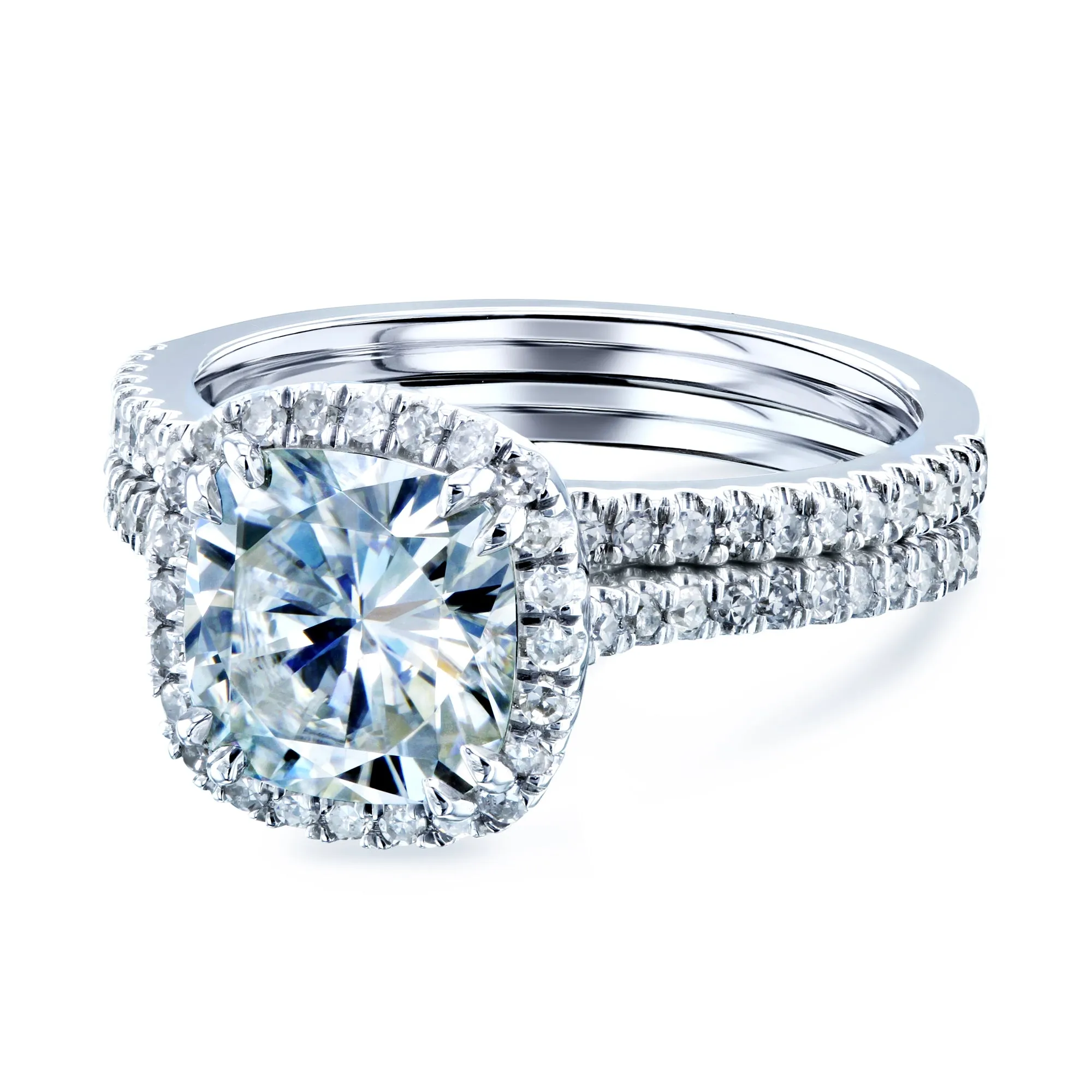 Cushion Brilliant Moissanite and Diamond Halo Bridal Wedding Rings Set 2 3/8 CTW 14k White Gold