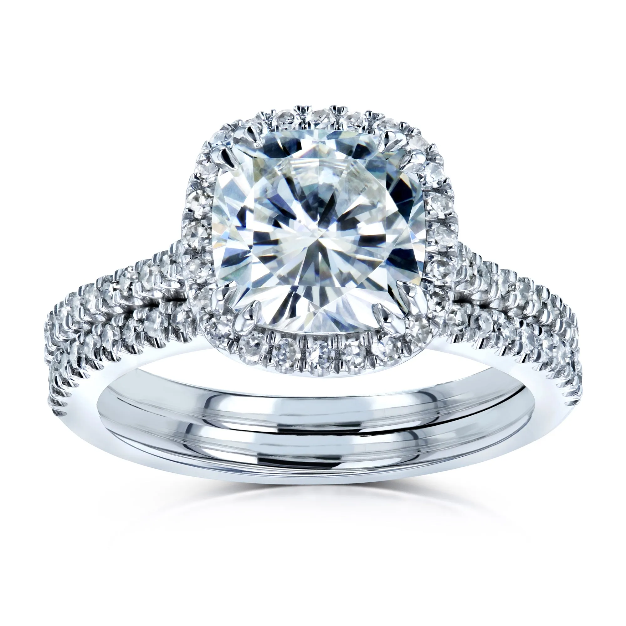 Cushion Brilliant Moissanite and Diamond Halo Bridal Wedding Rings Set 2 3/8 CTW 14k White Gold