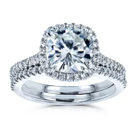 Cushion Brilliant Moissanite and Diamond Halo Bridal Wedding Rings Set 2 3/8 CTW 14k White Gold