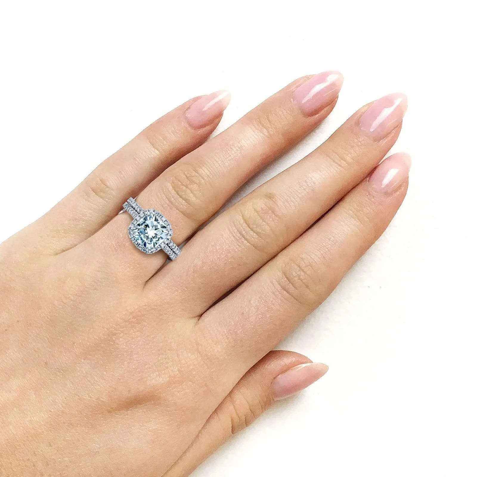 Cushion Brilliant Moissanite and Diamond Halo Bridal Wedding Rings Set 2 3/8 CTW 14k White Gold