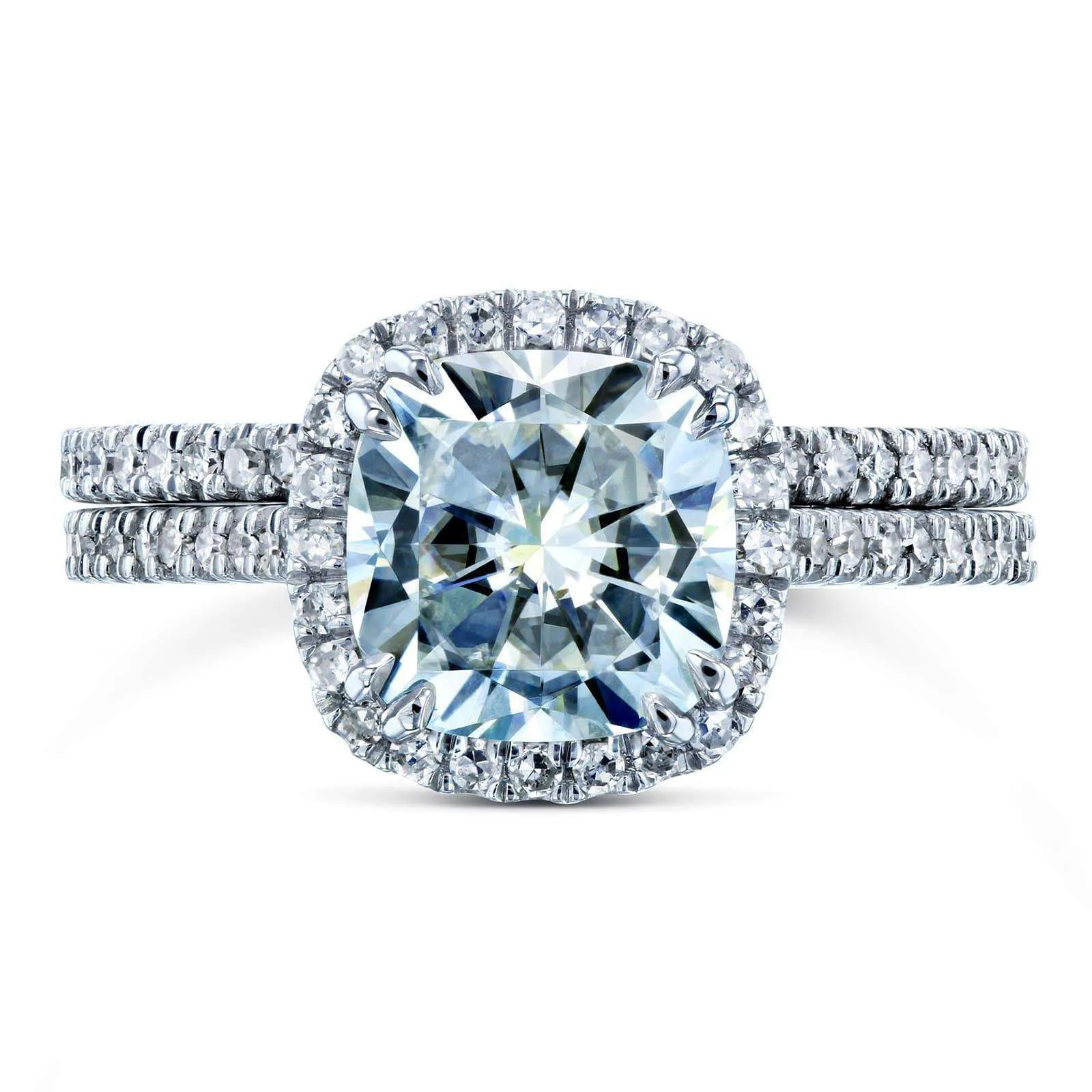 Cushion Brilliant Moissanite and Diamond Halo Bridal Wedding Rings Set 2 3/8 CTW 14k White Gold