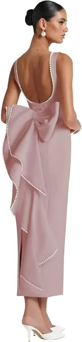 Dessiny Pearl Satin Cocktail Dress with Bow Back Bodycon 2025 Midi Formal Party Gowns for Women DE454