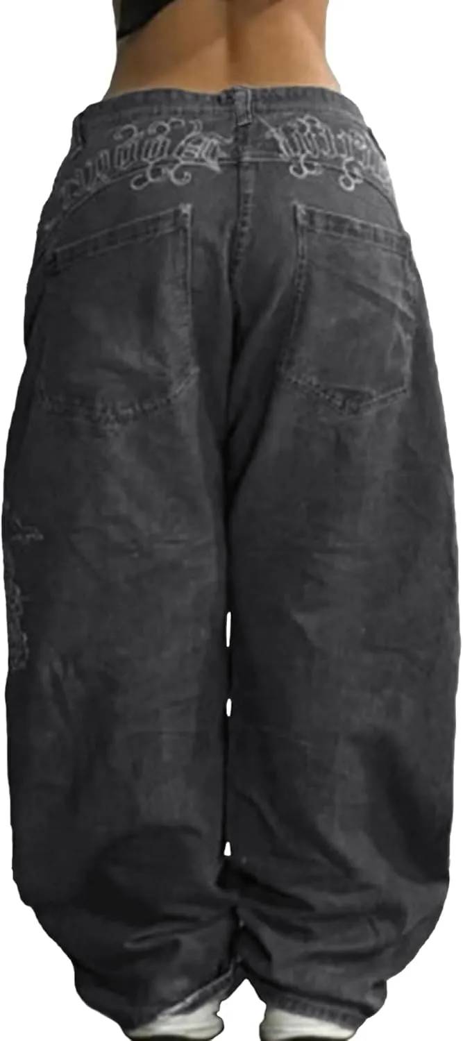 EMMIOL Women Hip Hop Baggy Jeans Wide Leg Mid-Low Waist Jeans Loose Boyfriends Pants 90s Vintage Denim Pants