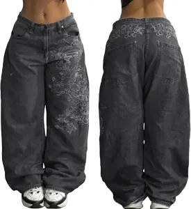 EMMIOL Women Hip Hop Baggy Jeans Wide Leg Mid-Low Waist Jeans Loose Boyfriends Pants 90s Vintage Denim Pants