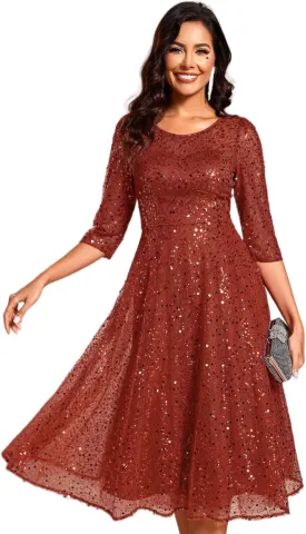 Ever-Pretty Women's Round Neck 3/4 Sleeves Formal Dresses Sequin A Line Midi Wedding Guest Dress 02241
