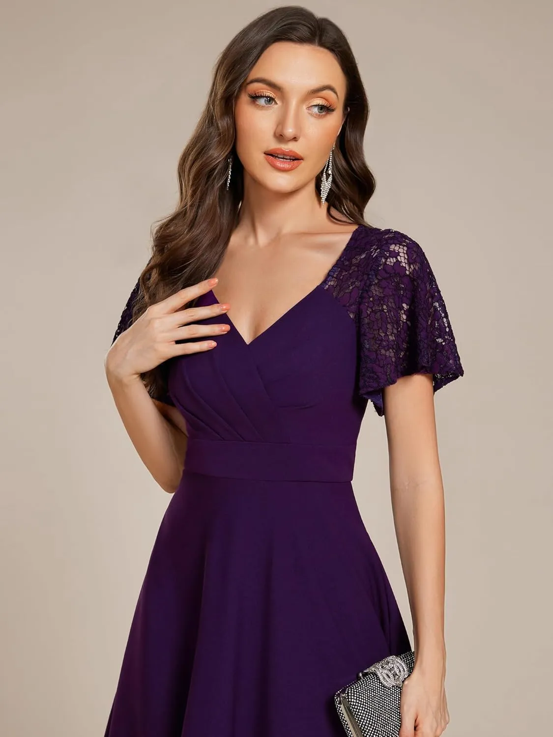 Ever-Pretty Women's V Neck Lace Short Sleeves Empire Waist Wedding Guest Dress with Pockets 02334
