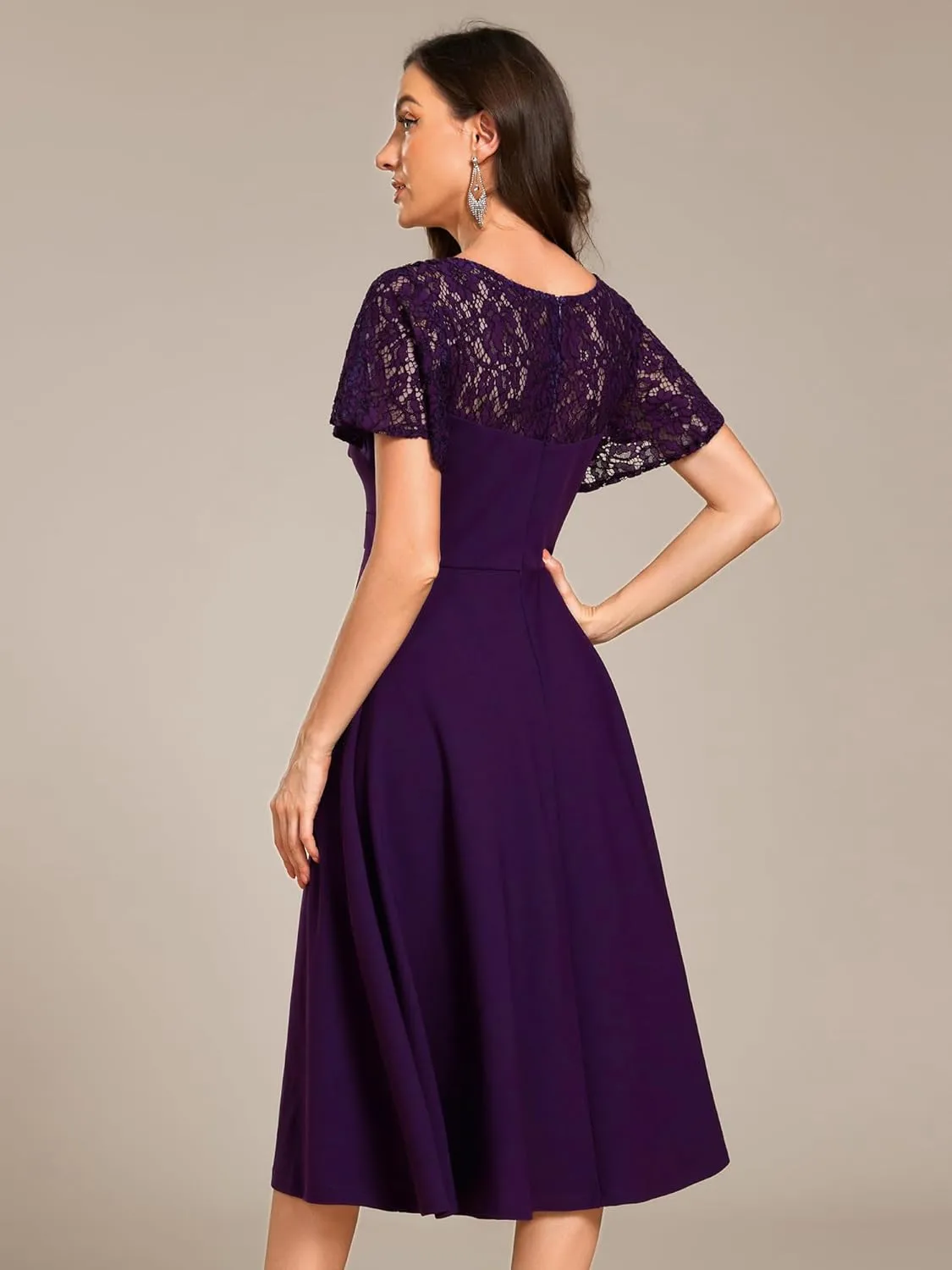 Ever-Pretty Women's V Neck Lace Short Sleeves Empire Waist Wedding Guest Dress with Pockets 02334