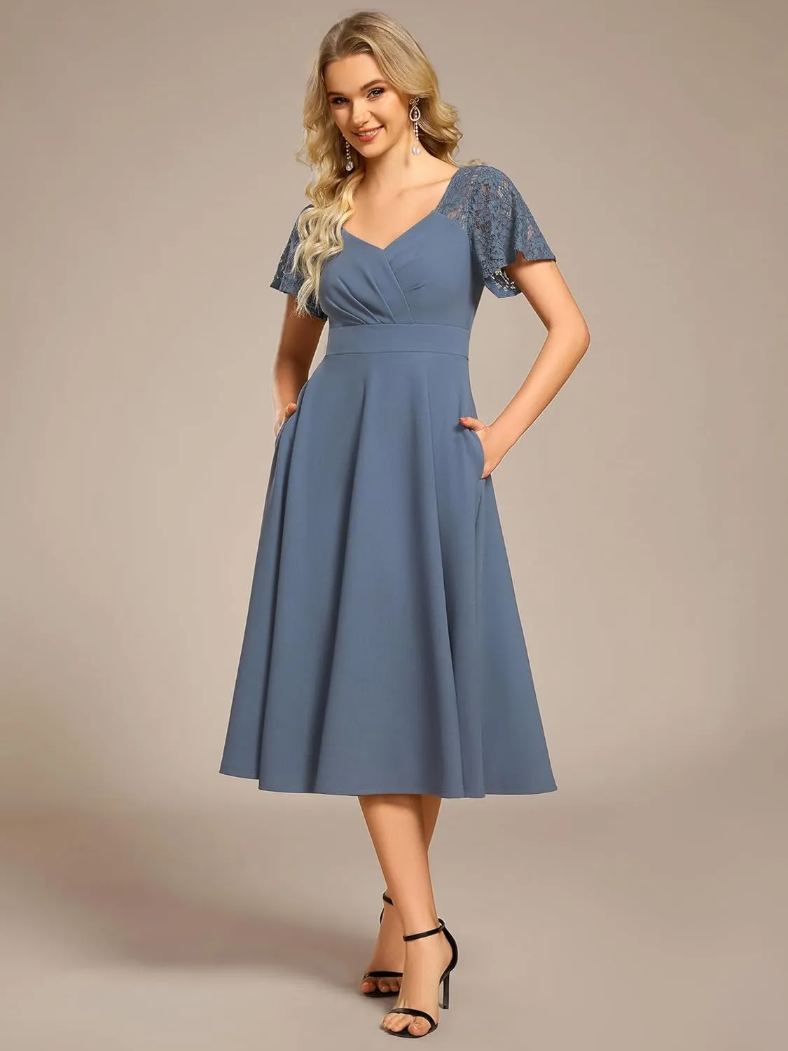 Ever-Pretty Women's V Neck Lace Short Sleeves Empire Waist Wedding Guest Dress with Pockets 02334