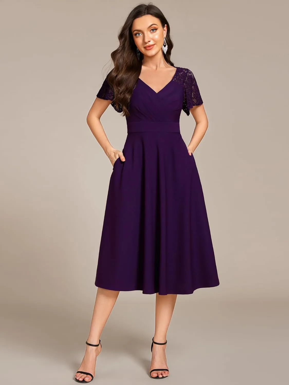 Ever-Pretty Women's V Neck Lace Short Sleeves Empire Waist Wedding Guest Dress with Pockets 02334