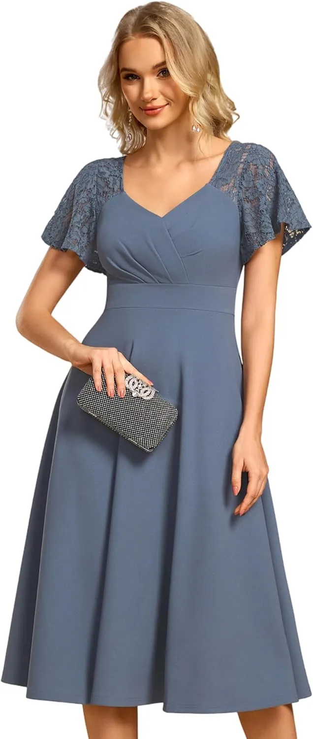 Ever-Pretty Women's V Neck Lace Short Sleeves Empire Waist Wedding Guest Dress with Pockets 02334