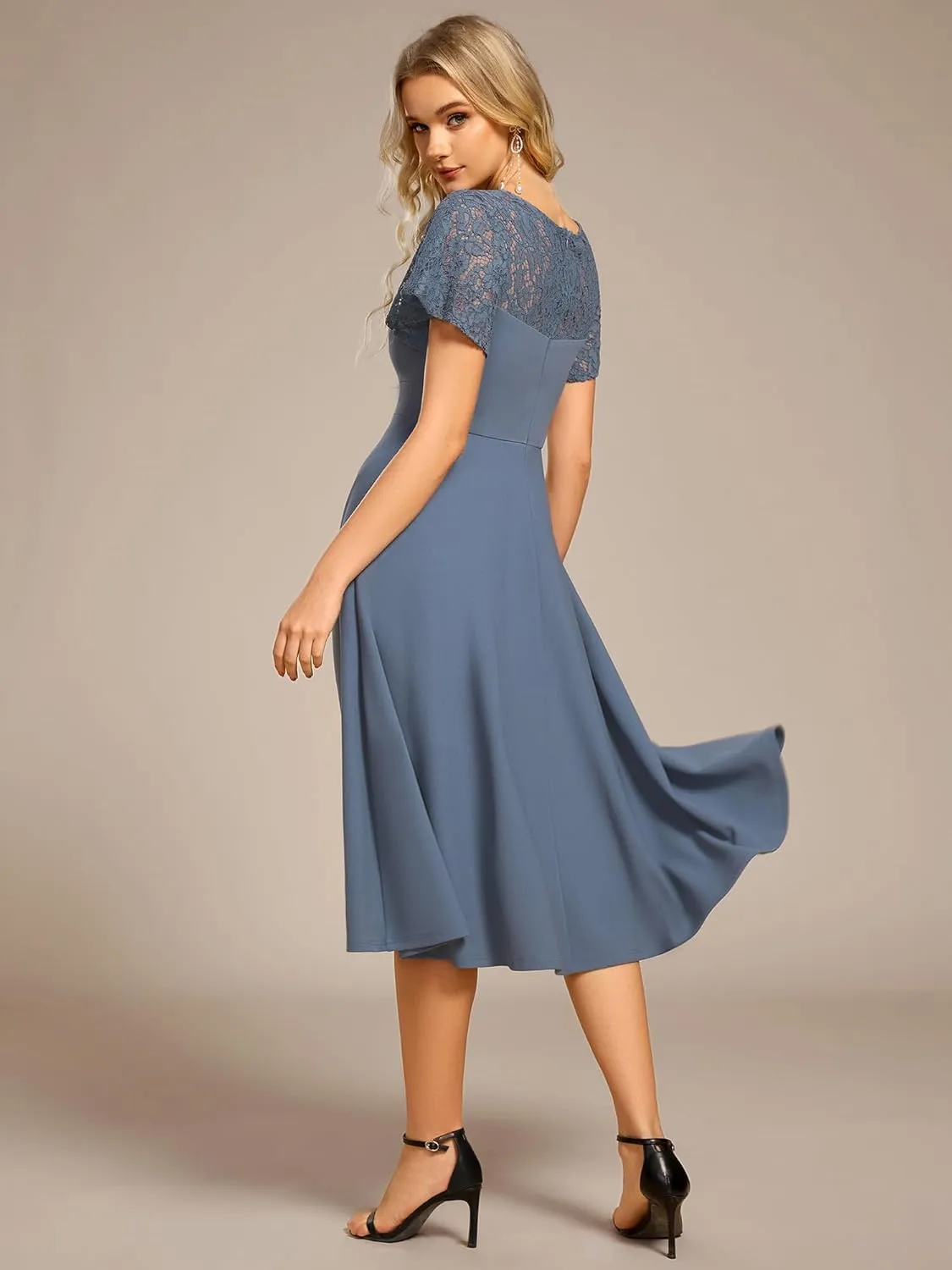 Ever-Pretty Women's V Neck Lace Short Sleeves Empire Waist Wedding Guest Dress with Pockets 02334