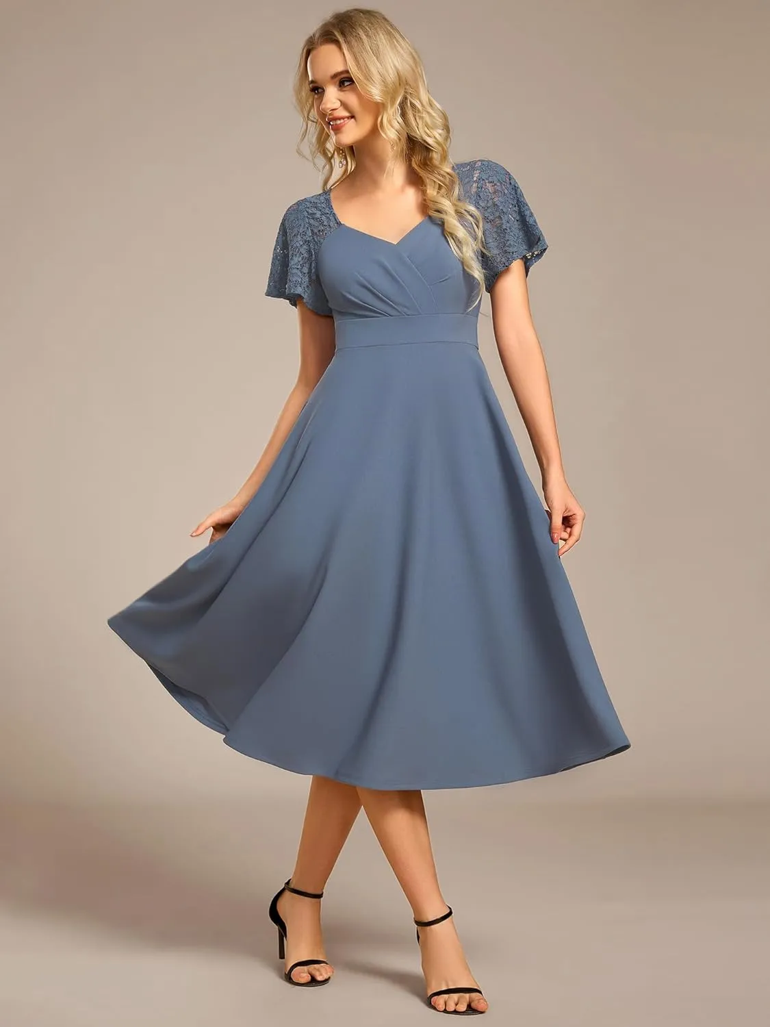 Ever-Pretty Women's V Neck Lace Short Sleeves Empire Waist Wedding Guest Dress with Pockets 02334