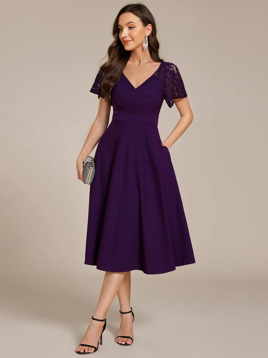 Ever-Pretty Women's V Neck Lace Short Sleeves Empire Waist Wedding Guest Dress with Pockets 02334