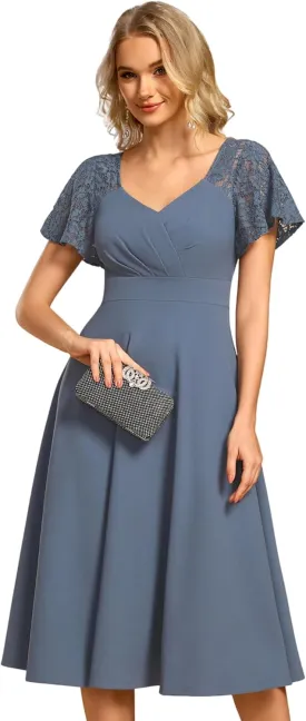 Ever-Pretty Women's V Neck Lace Short Sleeves Empire Waist Wedding Guest Dress with Pockets 02334