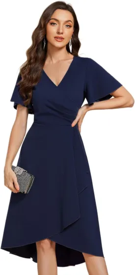 Ever-Pretty Women's V-Neck Pleated Short Ruffles Sleeves Hi-Lo Midi A Line Cocktail Dresses 02327