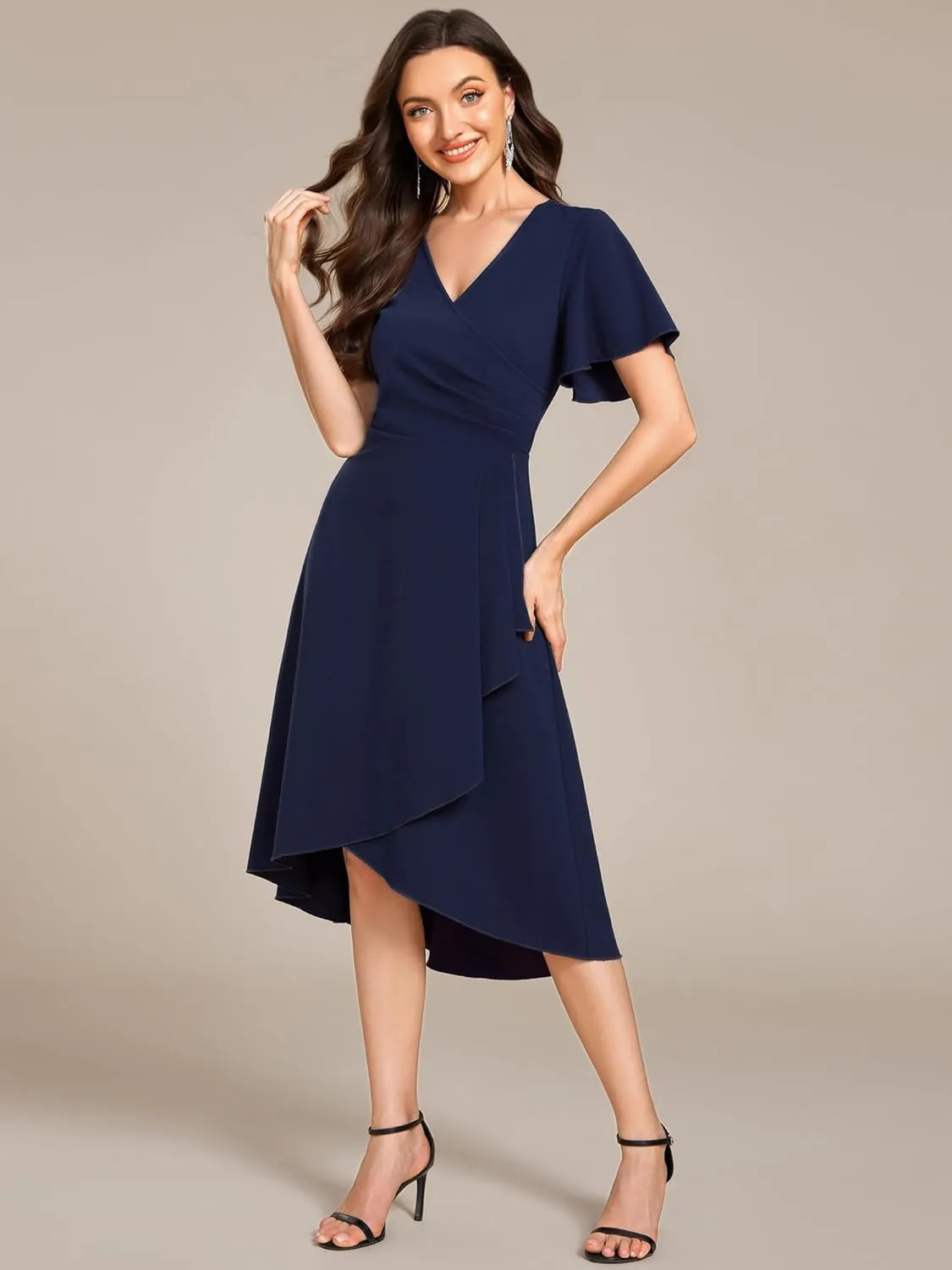 Ever-Pretty Women's V-Neck Pleated Short Ruffles Sleeves Hi-Lo Midi A Line Cocktail Dresses 02327