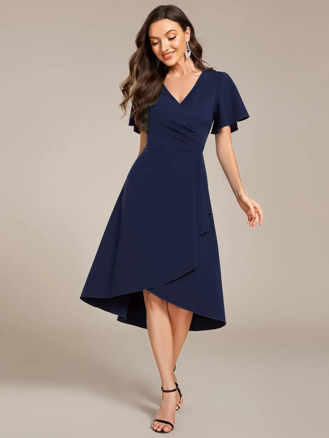 Ever-Pretty Women's V-Neck Pleated Short Ruffles Sleeves Hi-Lo Midi A Line Cocktail Dresses 02327