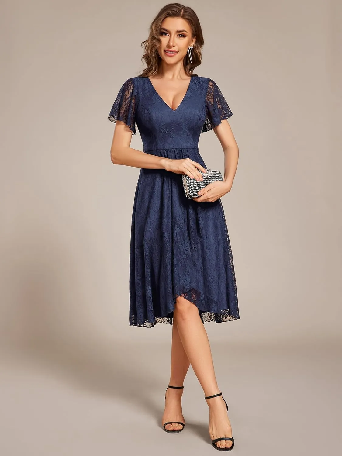 Ever-Pretty Women's V Neck Short Sleeves Lace A Line Hi-Lo Midi Semi Formal Dress 02489