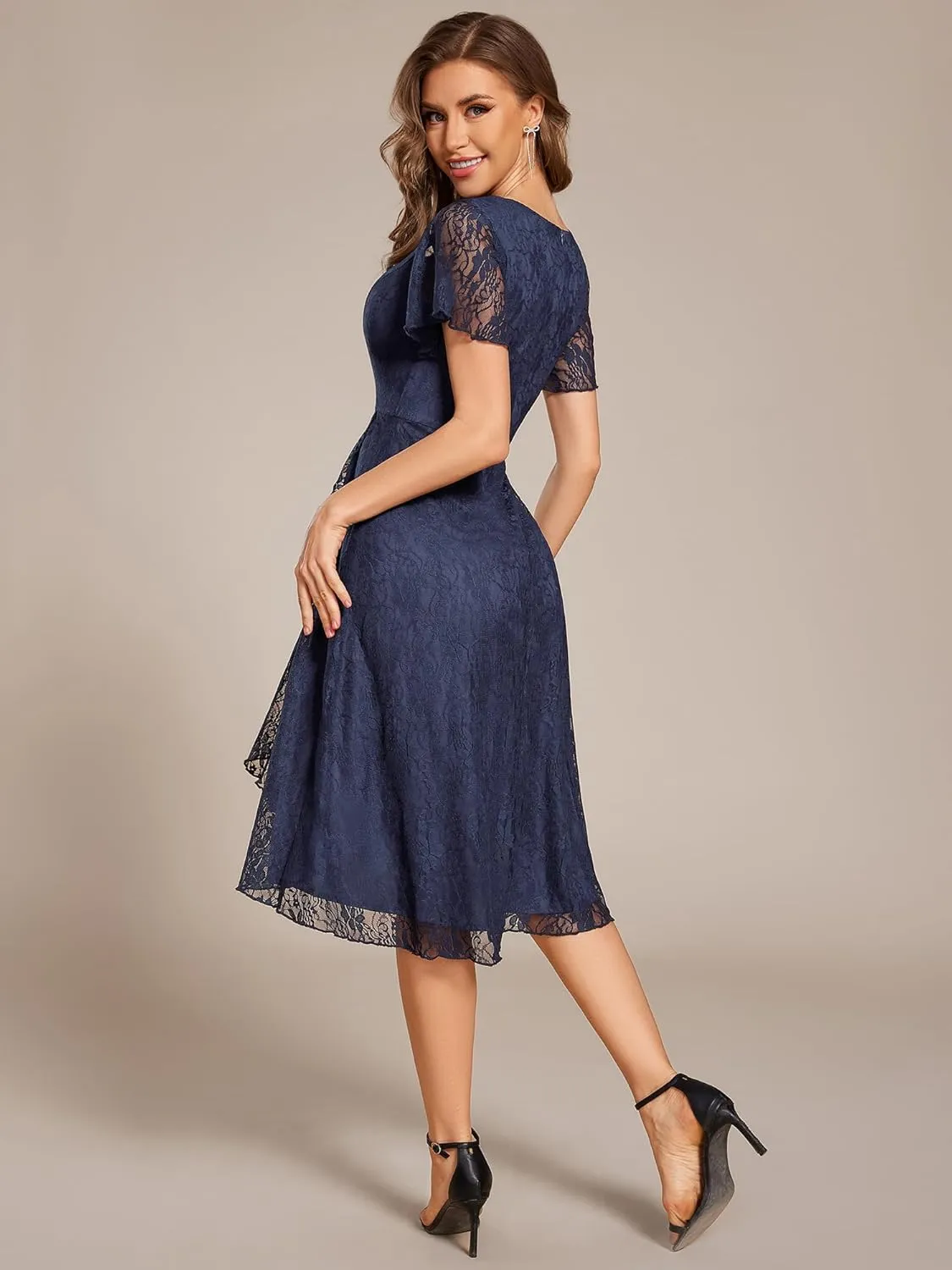 Ever-Pretty Women's V Neck Short Sleeves Lace A Line Hi-Lo Midi Semi Formal Dress 02489